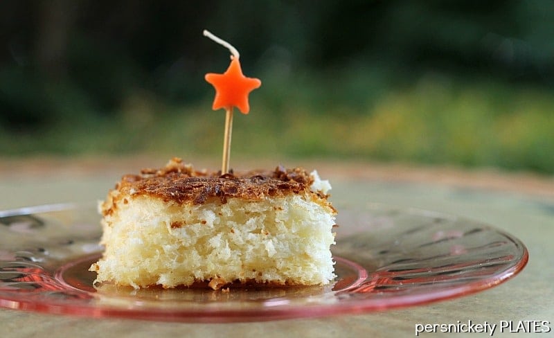 Skinny Pineapple Coconut Cake - four ingredients, one bowl, and one spoon makes this light & delicious cake | Persnickety Plates