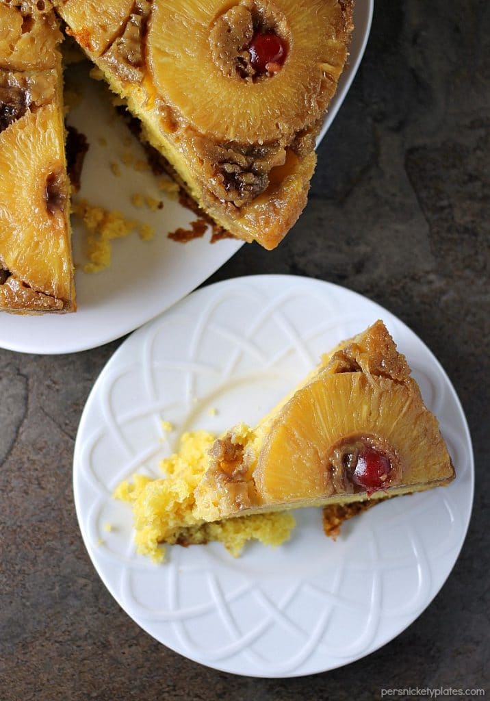 Pineapple Upside Down Cake is a classic dessert that's pretty, delicious, and easy when you use a cake mix! | Persnickety Plates