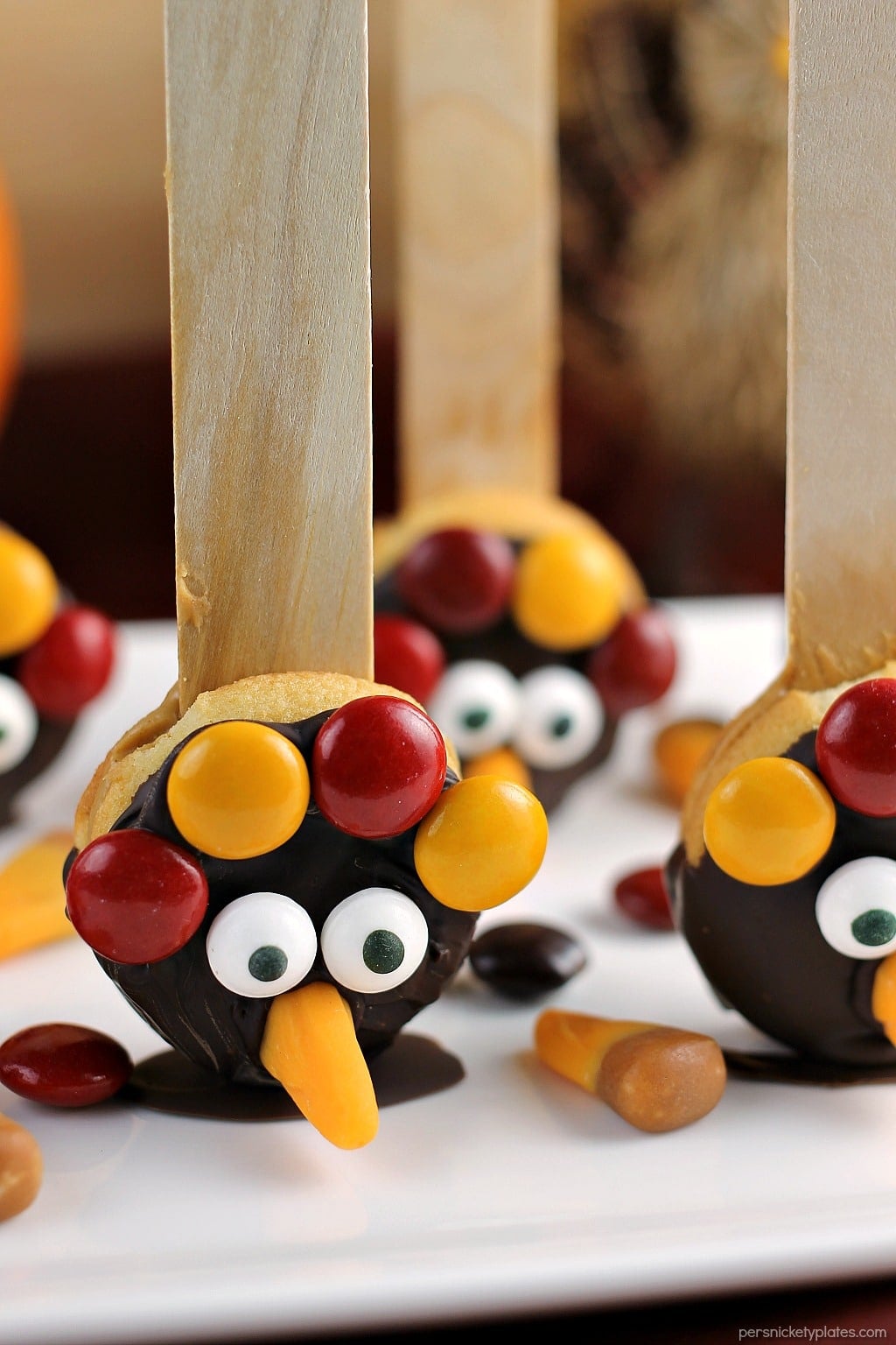 Nilla Wafer Thanksgiving Turkeys are cookies sandwiched together with peanut butter, dipped in chocolate, and decorated with fall colored M&Ms, candy corn, and candy eyes, all on a popsicle stick! So fun for the kids and festive for the Thanksgiving table!