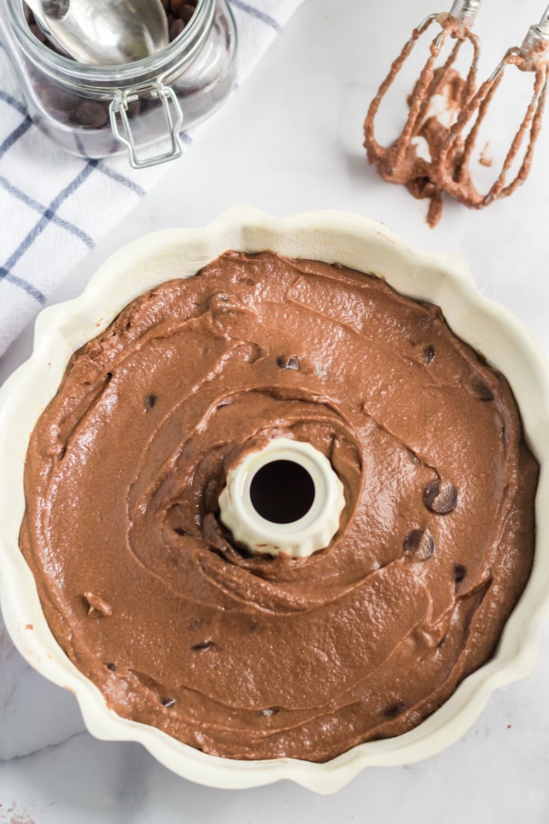 chocolate cake batter in pan