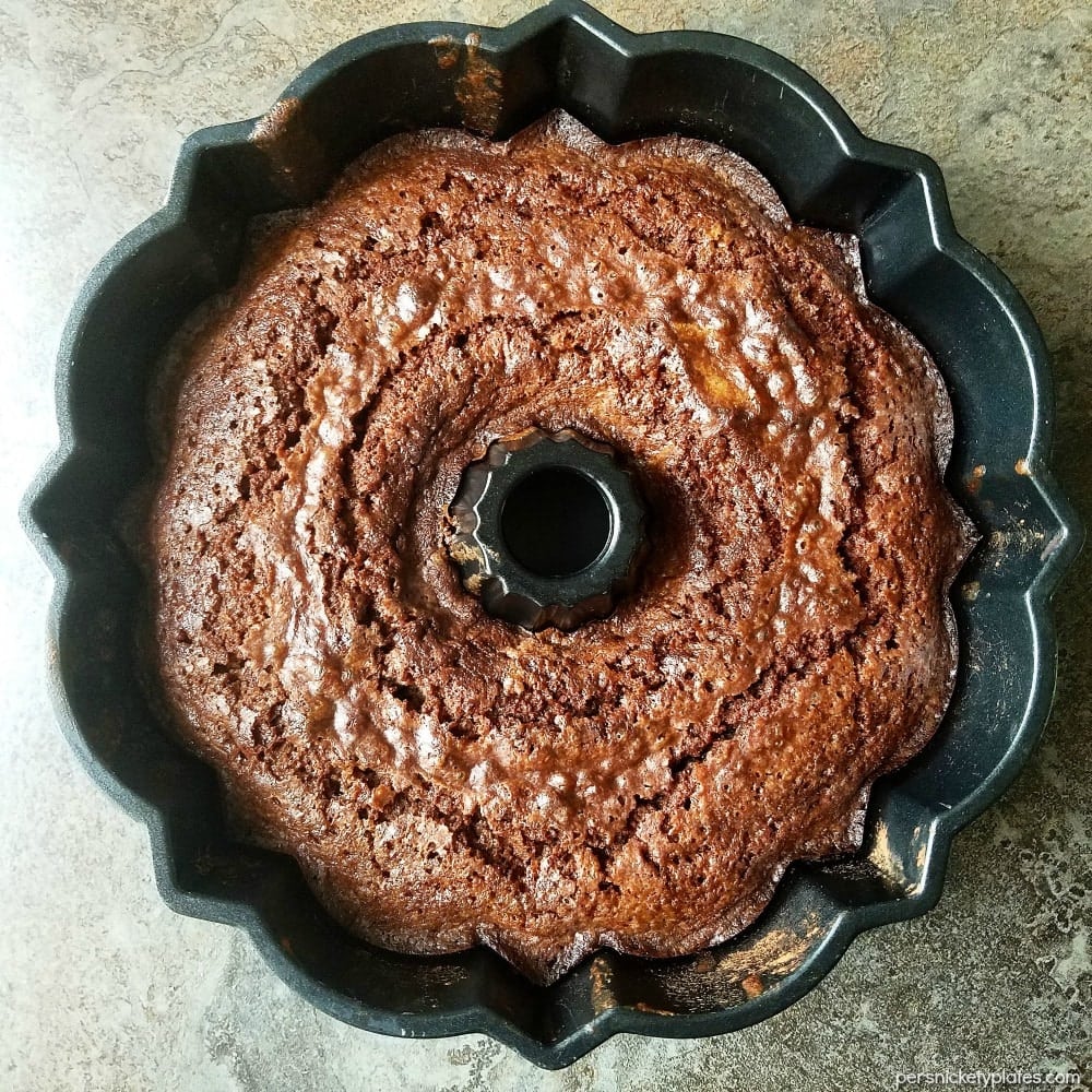 7-Up Chocolate Chip Pound Cake overhead shot of chocolate bundt cake in pan