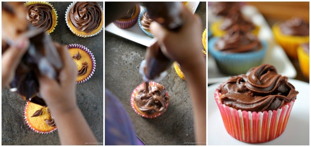 Cheesecake Filled Cupcakes are super simple starting with a cake mix but filled with chocolate chip cheesecake mixture in the centers! | www.persnicketyplates.com