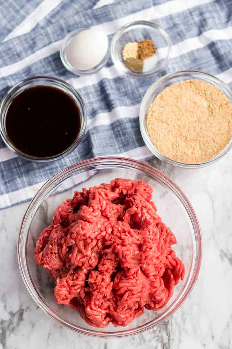 ground sirloin and seasonings prepped to make meatloaf 