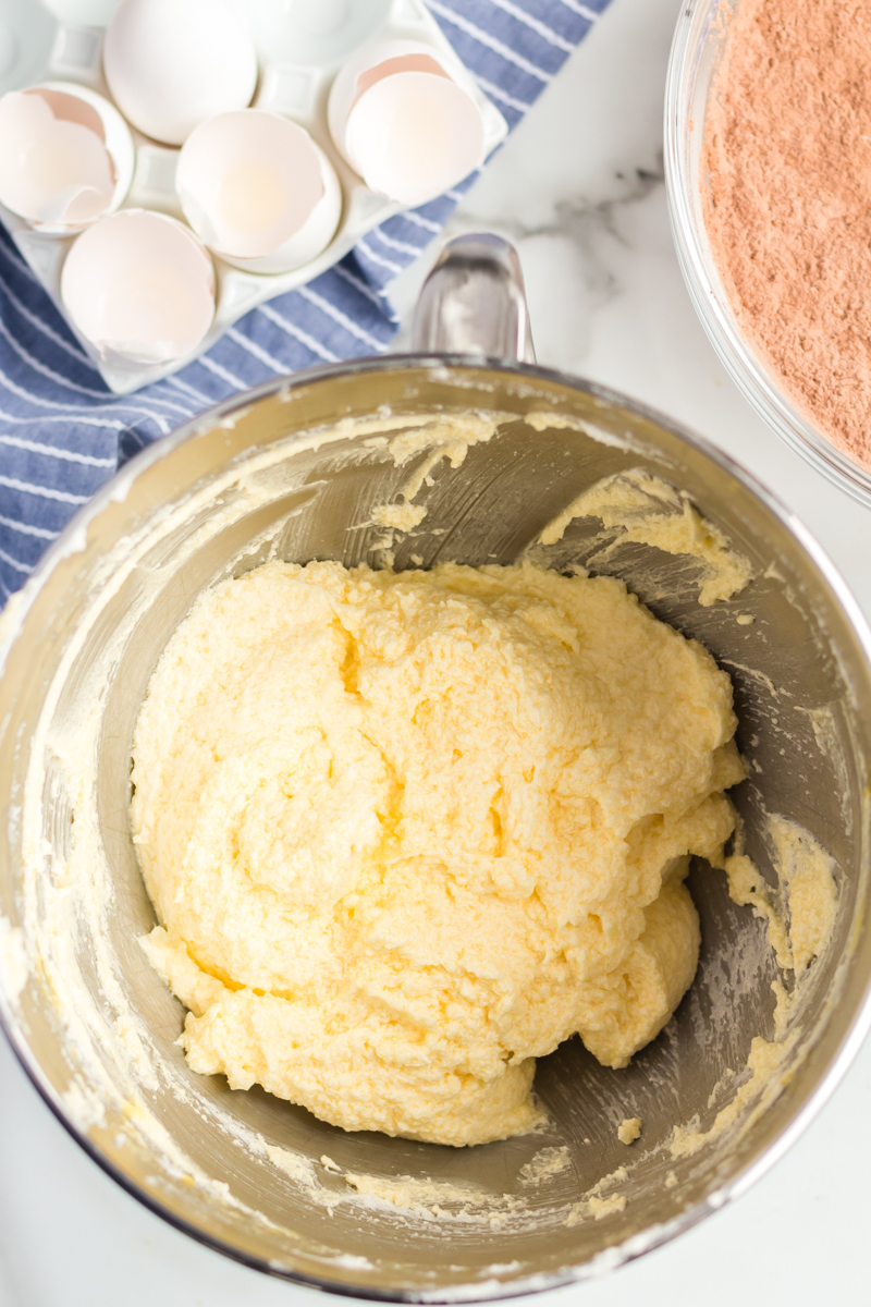 This rich, dense Sour Cream Chocolate Bundt Cake is a copycat of the famous Williams Sonoma recipe. Perfect for those chocolate cravings! | www.persnicketyplates.com mixing bowl filled with cake batter