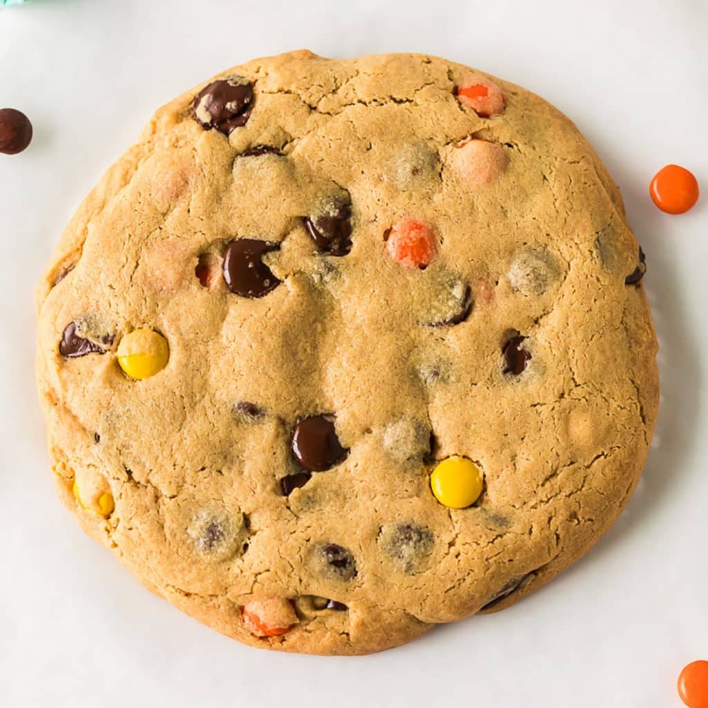 overhead shot of a giant peanut butter cookie with chocolate chips & reese's pieces.