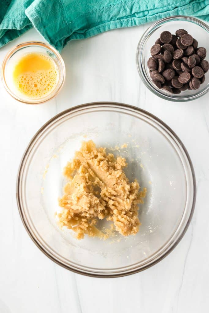 overhead shot of creamed butter & sugar in a bowl.