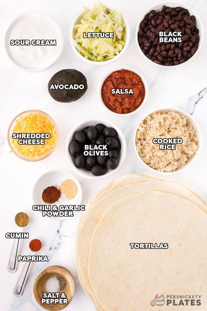 overhead shot of labeled ingredients laid out to make black bean wraps.