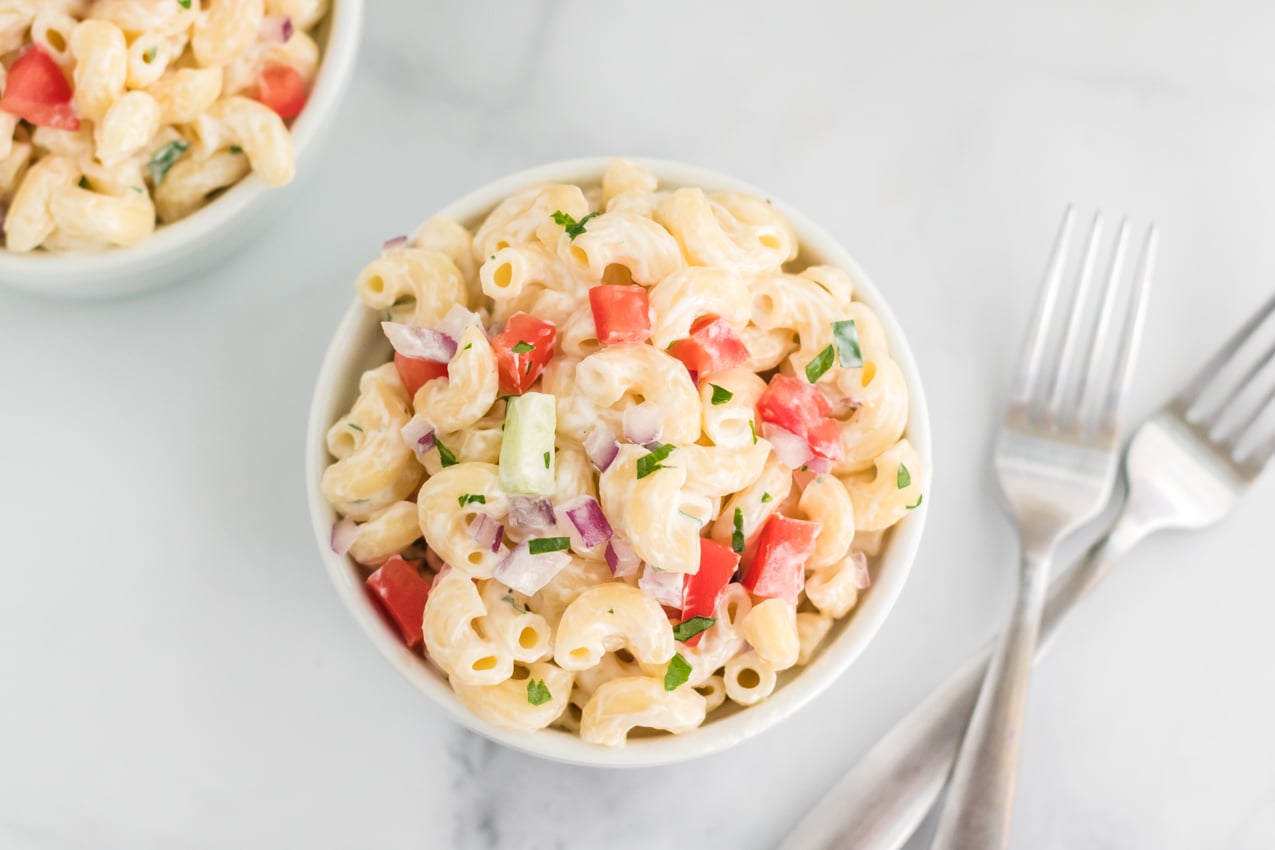 overhead shot of bowl of macaroni salad