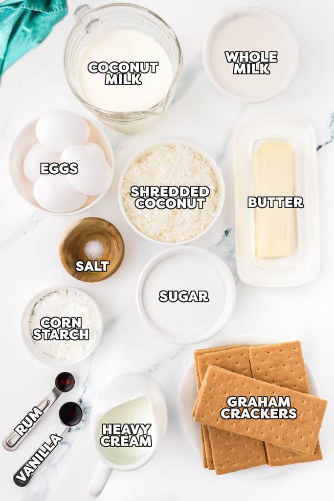 overhead shot of labeled ingredients to make coconut cream pie.