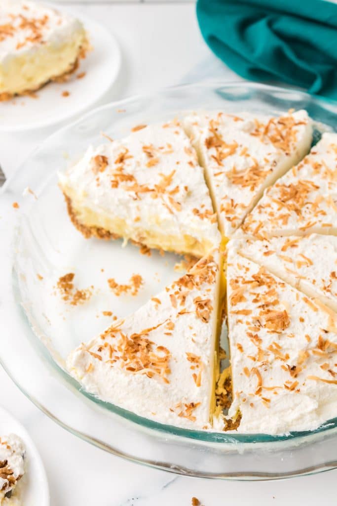 overhead shot of sliced coconut cream pie.
