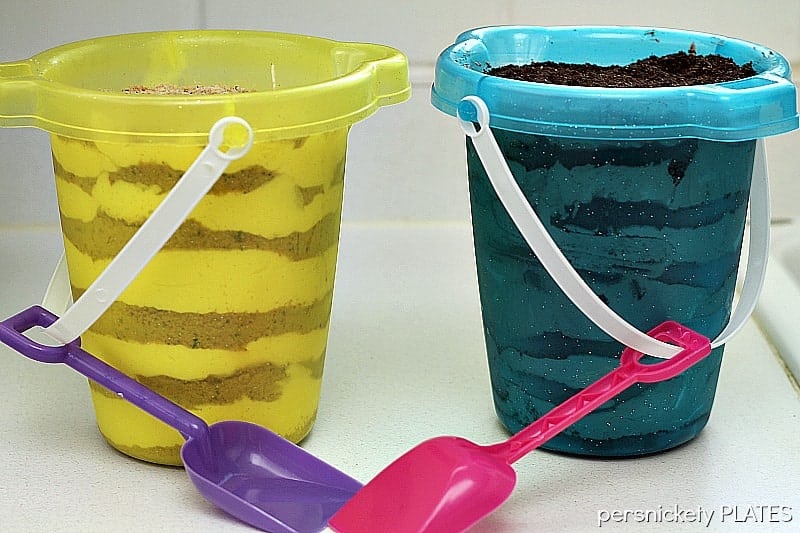 chocolate dirt pudding and sand pudding in two buckets Chocolate Dirt Pudding is no-bake, delicious, and fun for any occasion. This Oreo dirt pudding recipe with chocolate pudding is a crowd favorite. Serve it in a bucket for added effect!