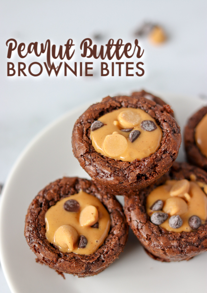 Peanut Butter Brownie Bites are a delicious mini treat, perfect for get togethers or any holiday season. These chewy brownies are filled with a creamy peanut butter sauce that is heaven in a tiny bite! | www.persnicketyplates.com #brownies #browniebites #peanutbutter #easydessert #semihomemade #dessert stack of peanut butter brownie bites