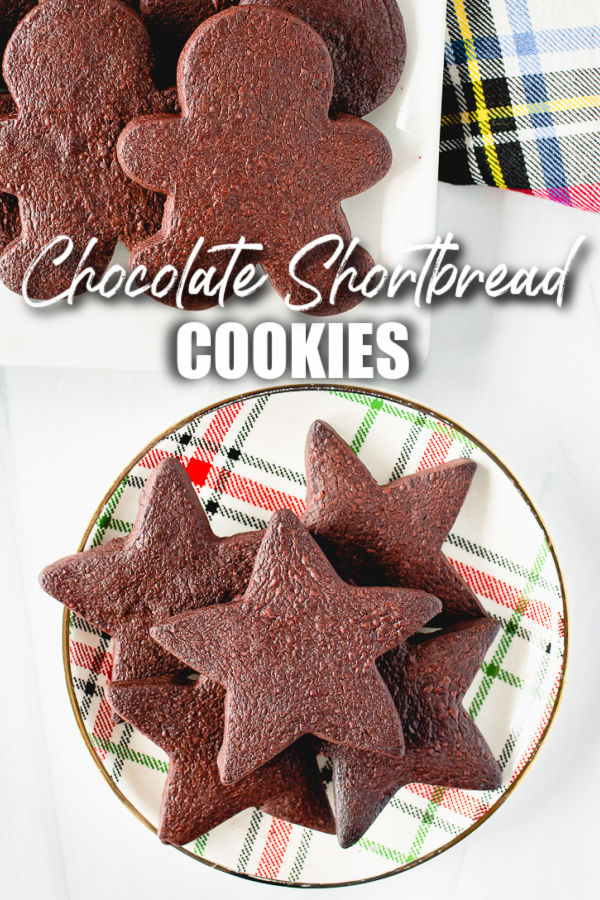 plate of chocolate cookies with text overlay reading chocolate shortbread cookies
