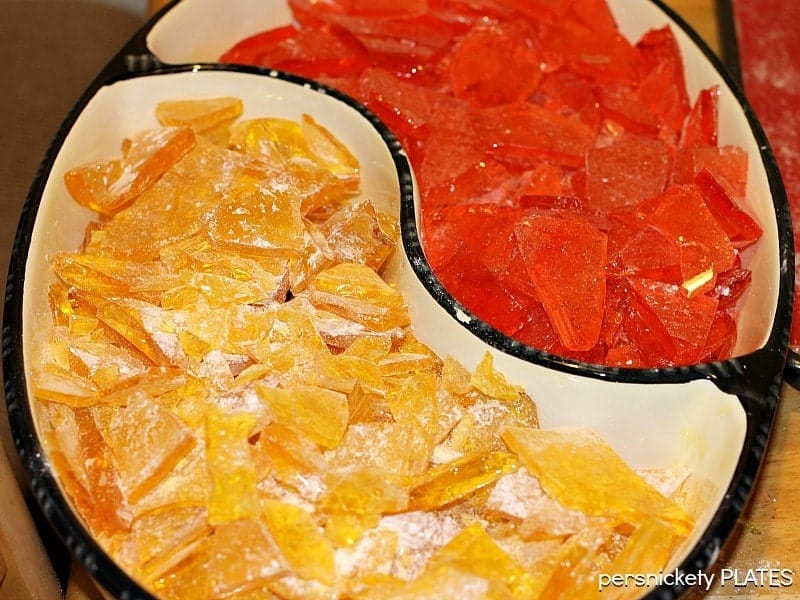 overhead shot of candy dish with homemade hard candy