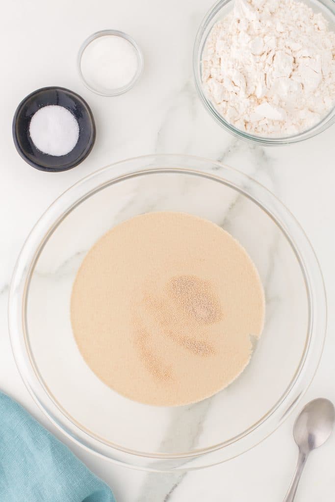 yeast in a glass mixing bowl.