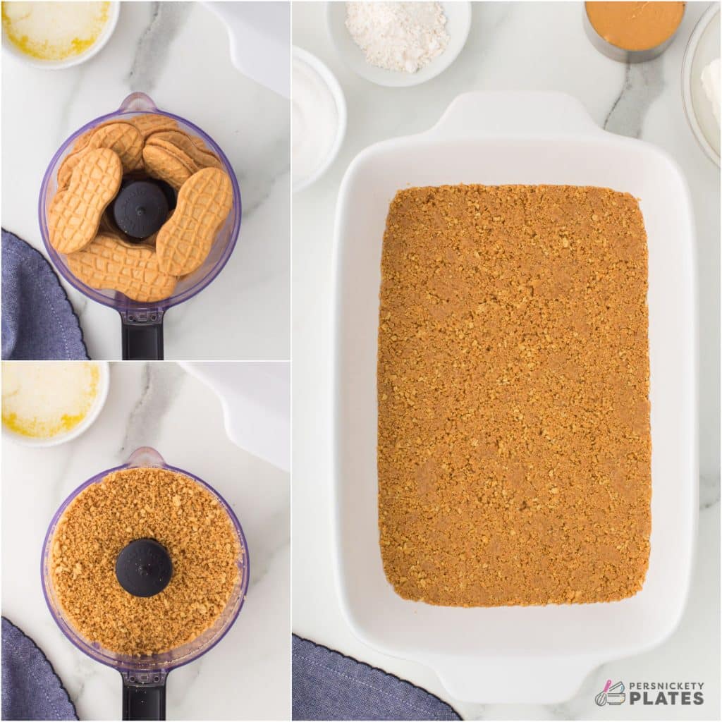 collage of 3 photos showing the process of making a crushed Nutter Butter crust.