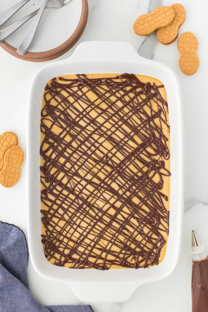 overhead shot of peanut butter cheesecake bars with a chocolate drizzle in a baking dish.