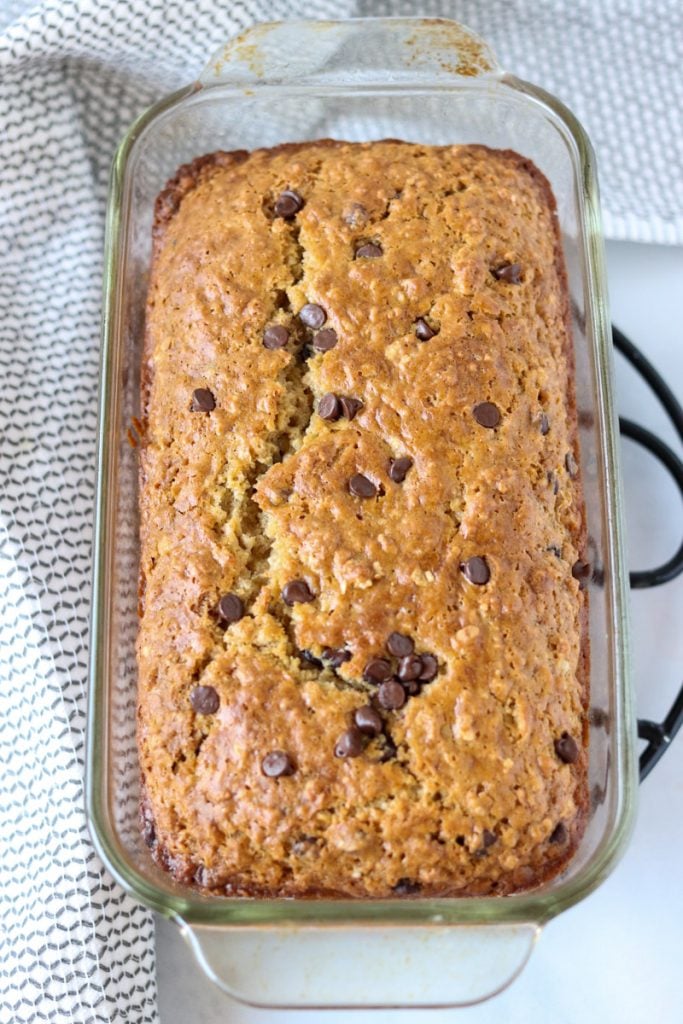 overhead shot of bread in loaf pan