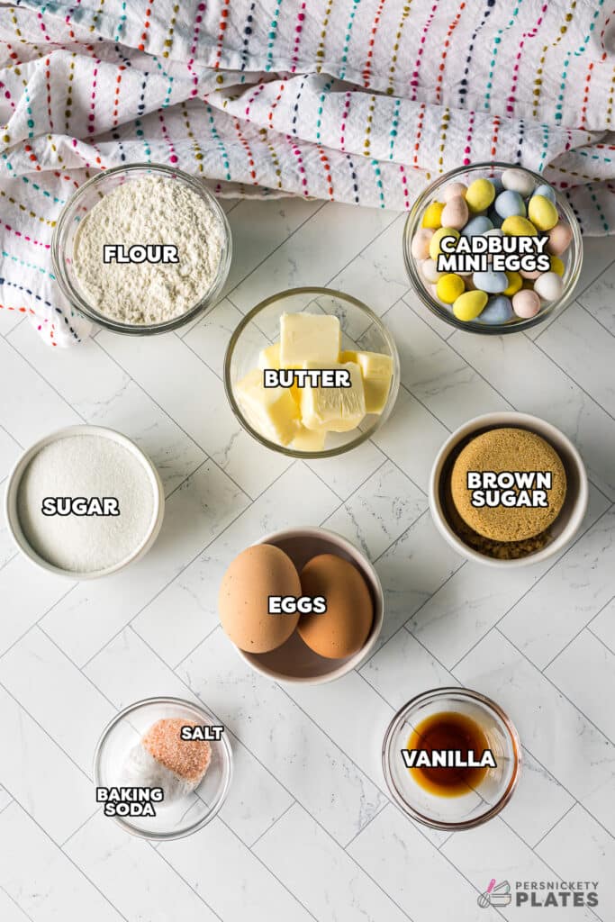 overhead shot of labeled ingredients laid out to make cookie bars.