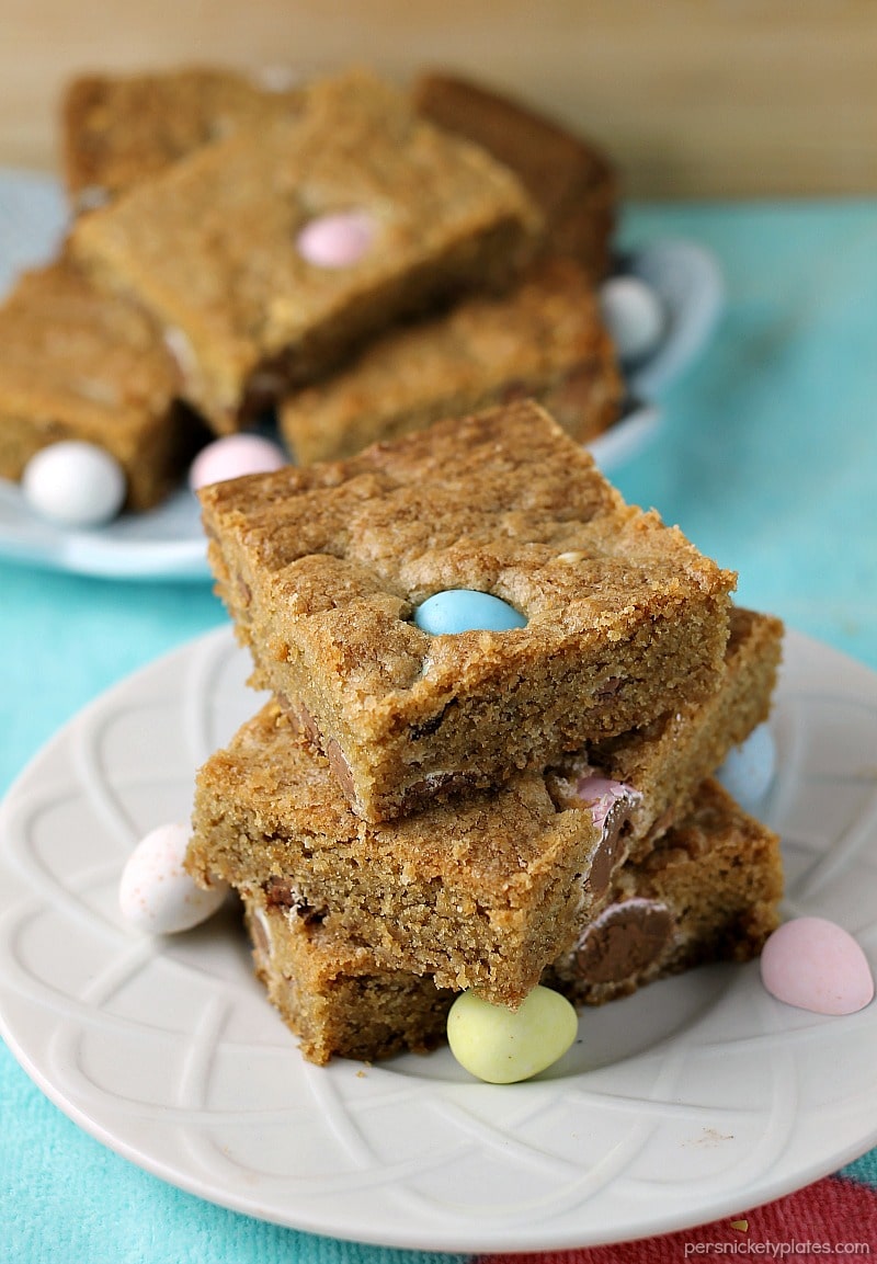 stack of cookie bars with cadbury mini eggs