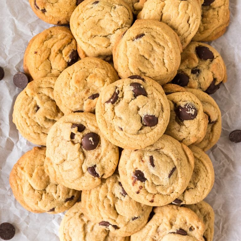overhead shot of a stack of coconut oil chocolate chip cookies.