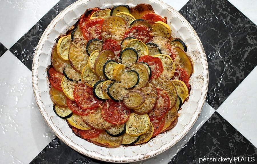 Vegetable Tian - zucchini, squash, potatoes, and tomatoes all baked up beautifully together | Persnickety Plates