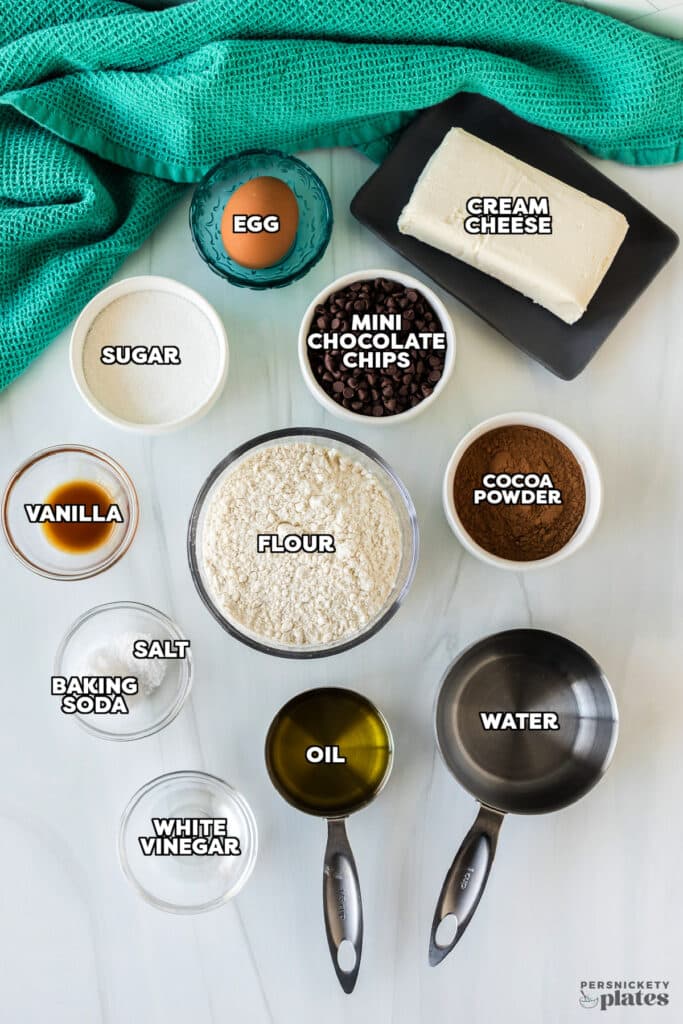 overhead shot of labeled ingredients laid out to make black bottom cupcakes.