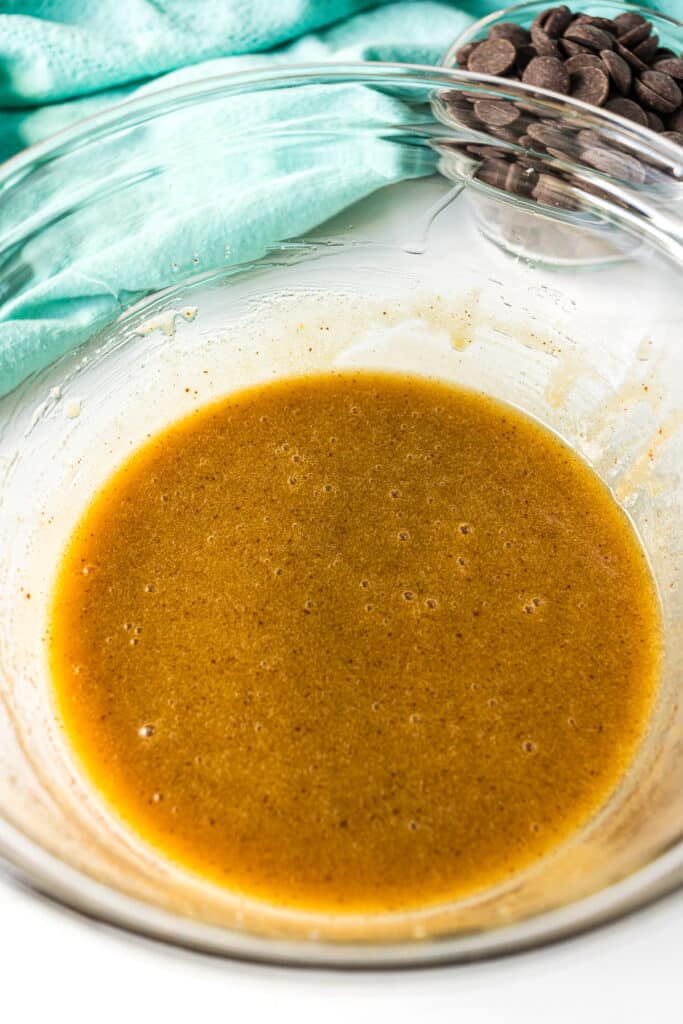 wet ingredients in a mixing bowl making cookies.