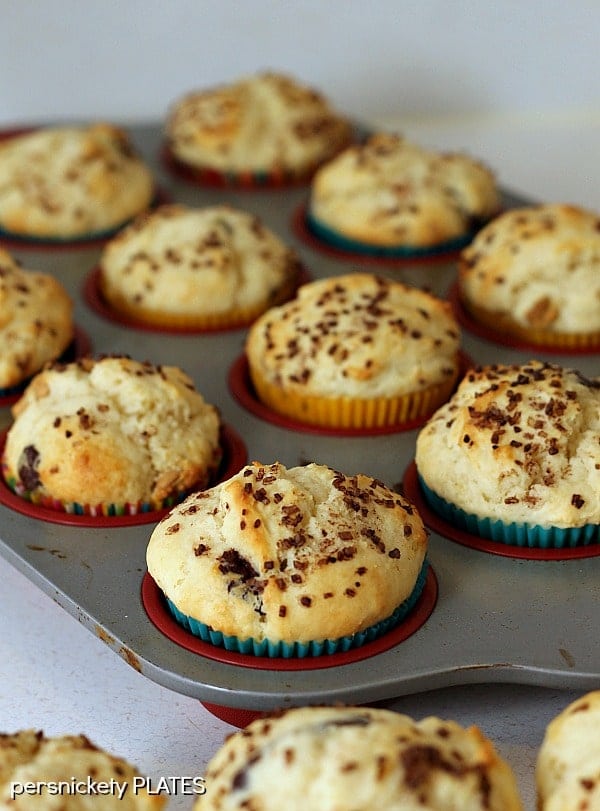 Cream Cheese Chocolate & Peanut Butter Chip Muffins - a deliciously soft muffin that verges on a cupcake! | Persnickety Plates