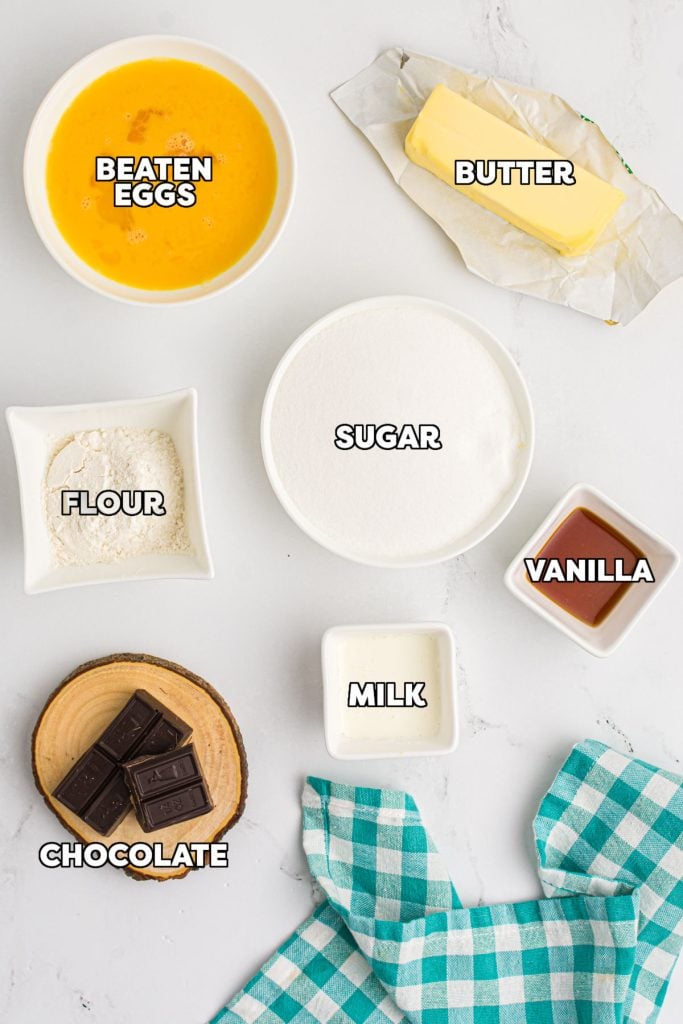 overhead shot of labeled ingredients laid out to make chocolate pie.