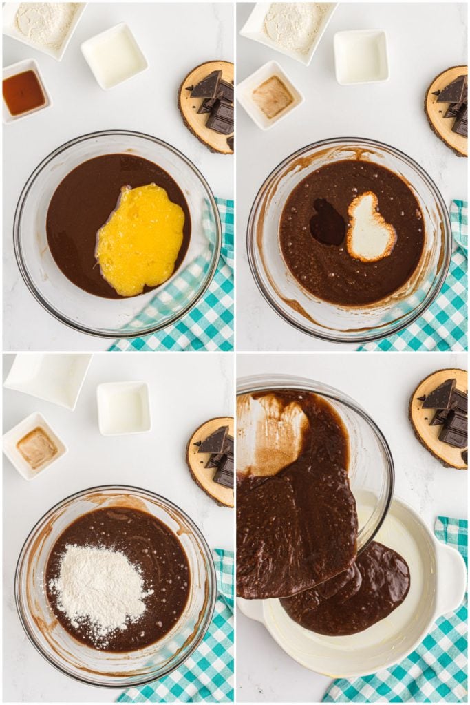 collage of 4 photos showing the process of making chocolate pie.