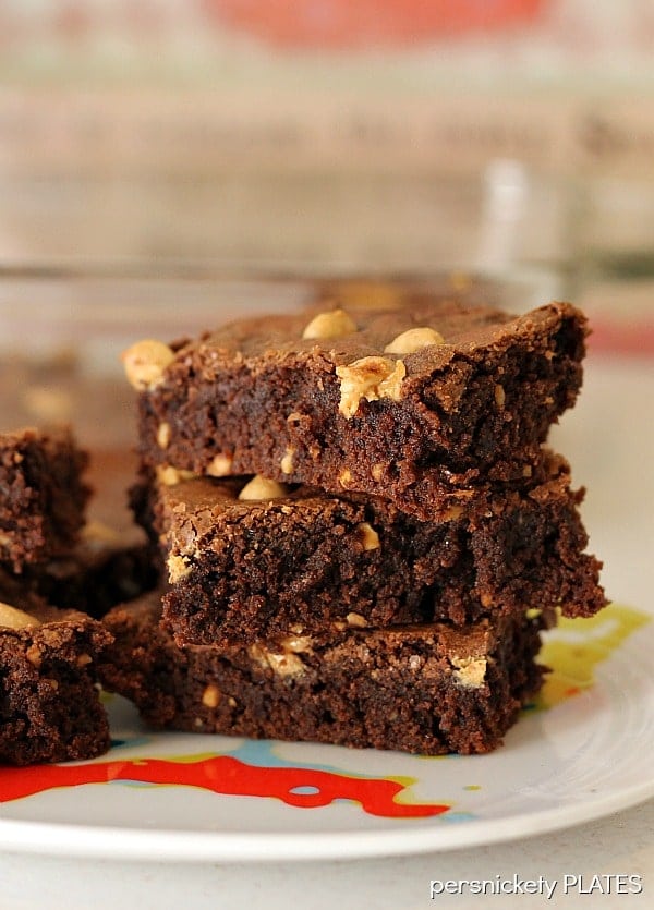 Peanut Butter Brownies are a simple, from scratch, brownie filled with chunky peanut butter and topped with peanut butter chips. Perfect for the chocolate + peanut butter lover in your life! | Persnickety Plates