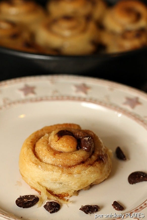 Chocolate Chip Cinnamon Roll on a plate surrounded by chocolate chips Chocolate Chip Cinnamon Rolls will be your new best brunch idea! These simple cinnamon rolls take less than 10 minutes to prep and seconds to eat!