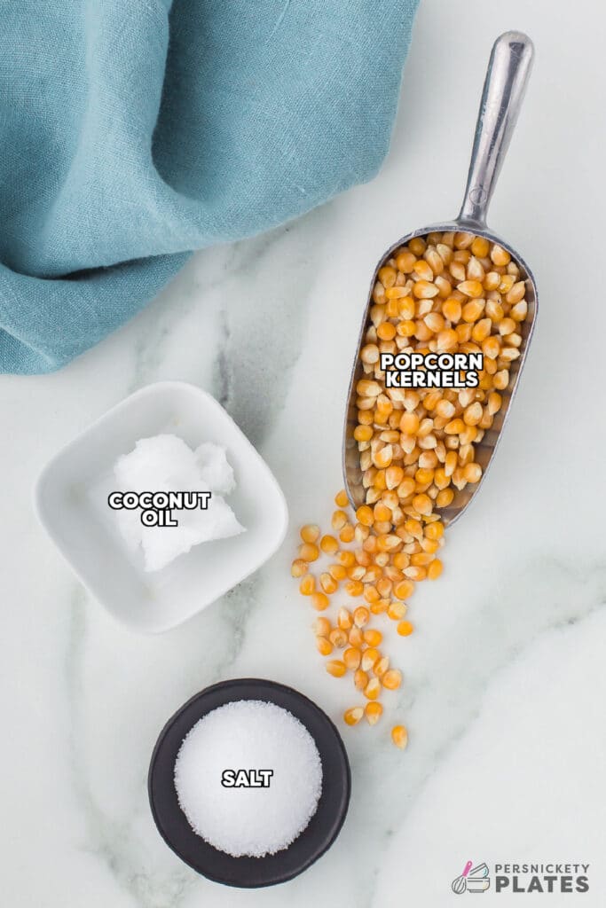 overhead shot of popcorn kernels, coconut oil, and salt.