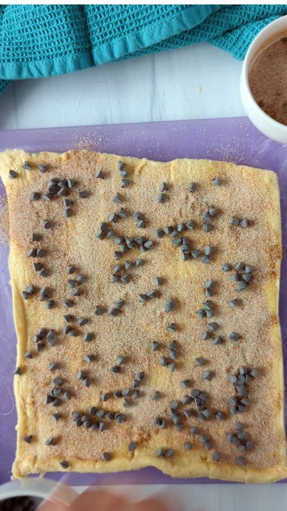 cinnamon roll dough with mini chocolate chips.