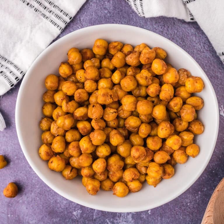 overhead shot of a bowl of crispy chickpeas.