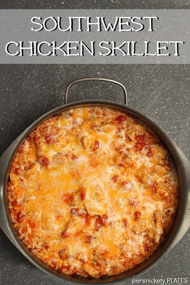 overhead shot of southwest chicken skillet topped with melted cheese