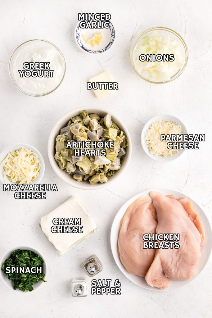overhead shot of labeled ingredients laid out to make spinach dip casserole.