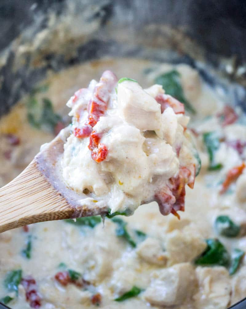 spoonful of easy crockpot chicken alfredo 