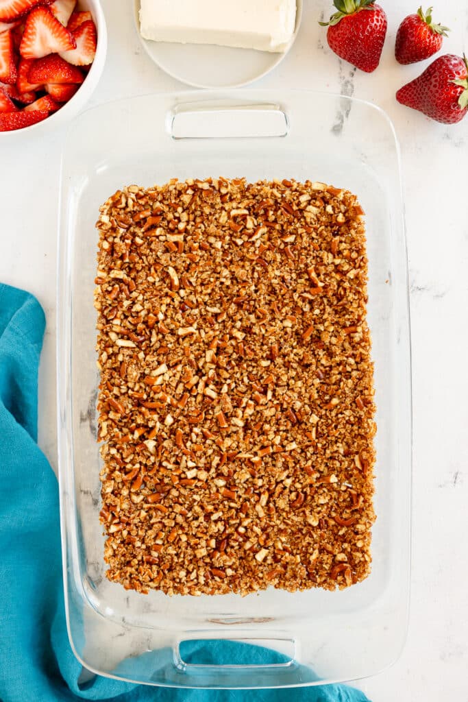 pretzel crust in a baking dish.