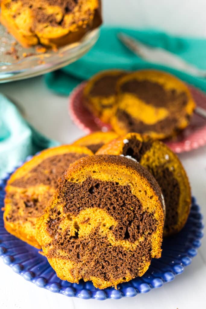 slices of pumpkin chocolate cake on a plate.