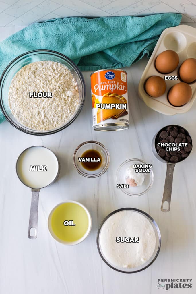 overhead shot of labeled ingredients laid out to make a pumpkin bundt cake.