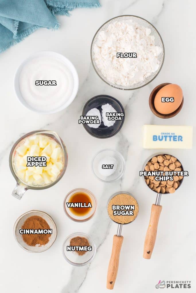 overhead shot of labeled ingredients laid out to make apple blondies.