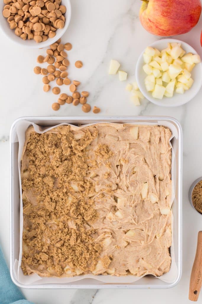 overhead shot of blondie batter in an 8x8 baking dish.