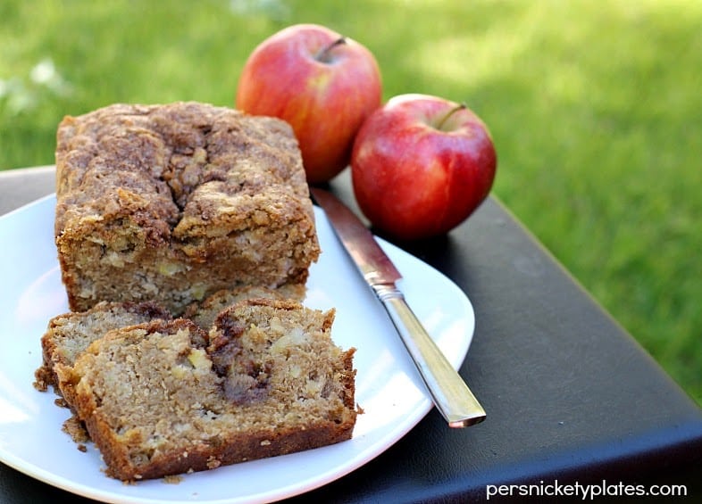 Apple Cinnamon Swirl Bread - Chunks of apple and swirls of cinnamon in this quick bread that doesn’t even need a mixer! | Persnickety Plates