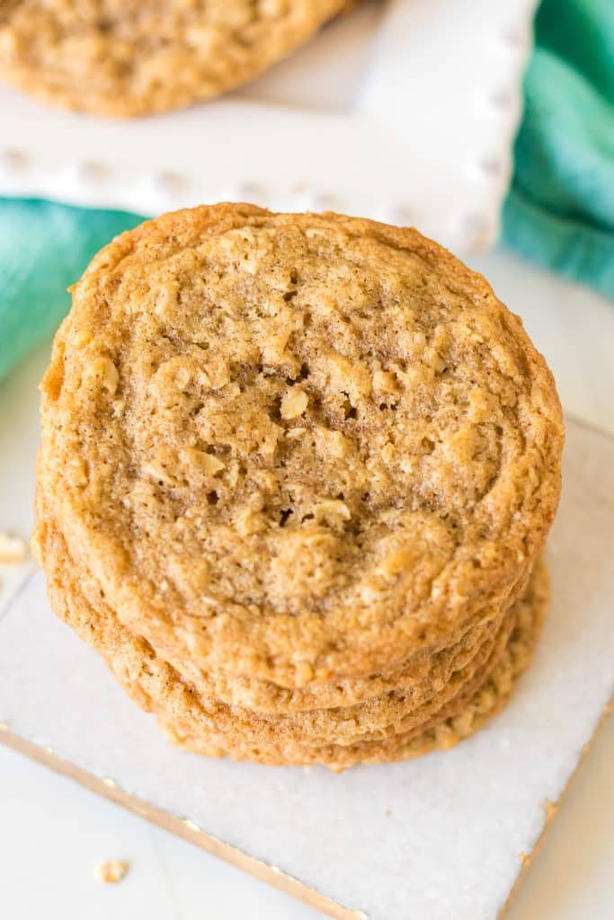 overhead shot of a soft & chewy oatmeal cookie.