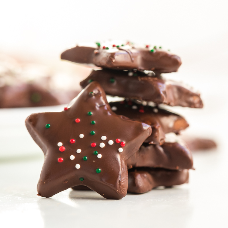 stack of chocolate covered shortbread cookies