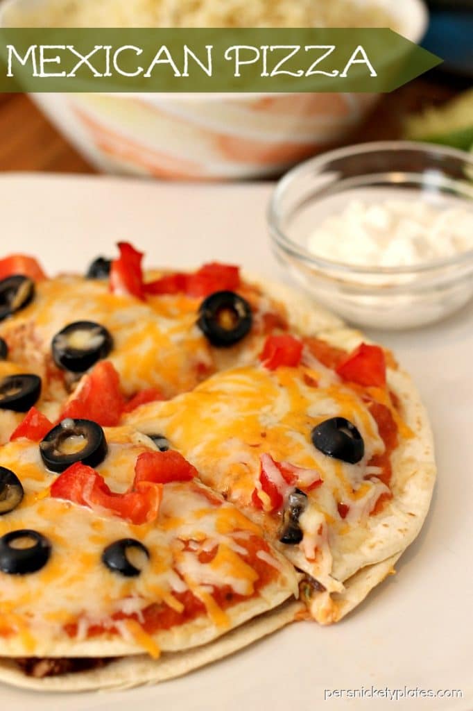 mexican pizza on a white plate