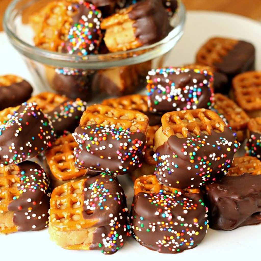 bowl of chocolate dipped peanut butter pretzel bites
