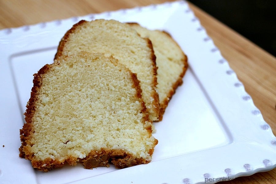 3 slices of 7-Up pound cake on a white plate Simple, sweet, moist - 7-Up Pound Cake has a mild citrus flavor and a a moist crumb. This classic pound cake is easy to make and a sure crowd pleaser. | www.persnicketyplates.com